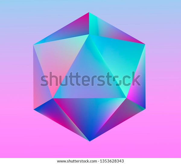Platonic solid Icosahedron (convex polyhedron) in\
neon vivid pastel colors. Retrowave/ synthwave/ vaporwave style 3d\
illustration for poster, logo, t-shirt print. Aestetics of 80s-90s\
arcade games.