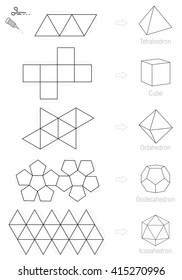 Platonic solids - coloring picture and craft pattern template.