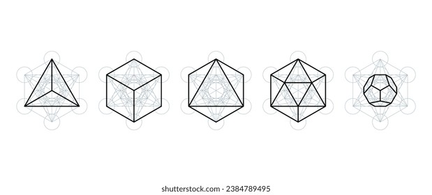 Platonic solids extracted from Metatrons cube. Regular polyhedrons contained in a mystical symbol, that is derived from the Flower of Life. Tetrahedron, cube, octahedron, icosahedron and dodecahedron.