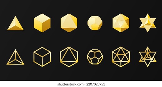 Platonic solids and Merkabah, sacred geometry, Mathematical geometric figures such as cube, tetrahedron, octahedron, dodecahedron, icosahedron, star tetrahedron