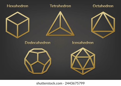 Sólidos platónicos sobre fondo negro. Tetraedro. Hexaedro. Octaedro. Icosaedro. Dodecaedro. Caras. Aristas. Vértices. Ilustración vectorial.