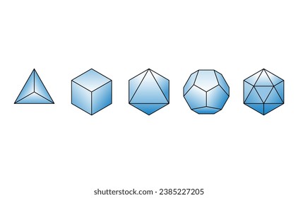 The Platonic solids in a row. Regular convex polyhedrons with equal side lengths and same number of identical faces meeting at each vertex. Tetrahedron, cube, octahedron, dodecahedron and icosahedron.