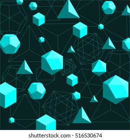 Platonic solids shapes and lines abstract 3d geometrical background. Vector illustration in flat style in cyan color on dark green.
