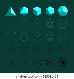 Platonic solids. Tetrahedron, Octahedron, Cube, Icosahedron and Dodecahedron flat design vector illustrations, thin line art. Coordination polyhedra of atoms, molecules - balls and sticks diagram. 