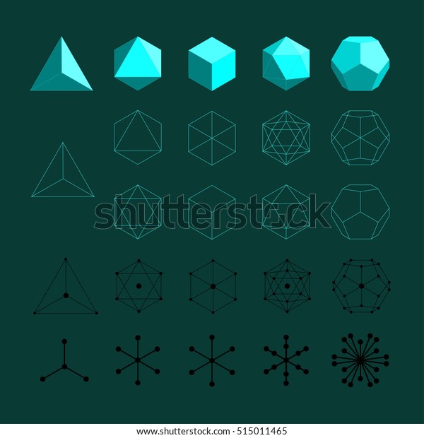 Platonic solids. Tetrahedron, Octahedron, Cube,\
Icosahedron and Dodecahedron flat design vector illustrations, thin\
line art. Coordination polyhedra of atoms, molecules - balls and\
sticks diagram. 