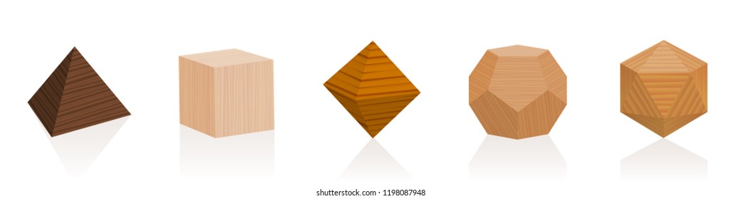 Platonic solids. Wooden parts from different trees. Geometric woodwork sample set with various colors, glazes, textures. Isolated vector on white background.