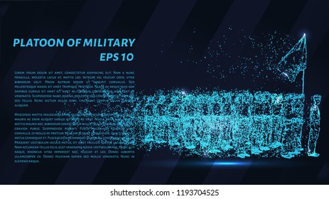 A platoon of military particles on a dark background. Military platoon consists of geometric shapes. Vector illustration