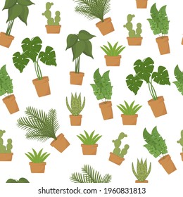  Plats seamless pattern. Vector botanical illustration. Home plants.Collection of potted plants.