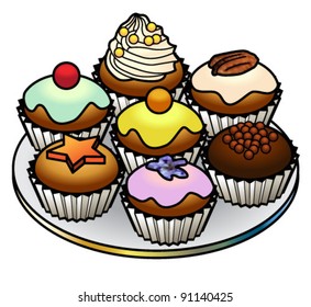 A platter of assorted cupcakes.