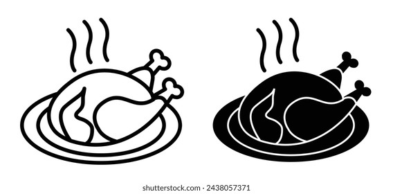 Plata de pavo al horno Vector Icono Set. Ilustración de aves de corral cocidas.