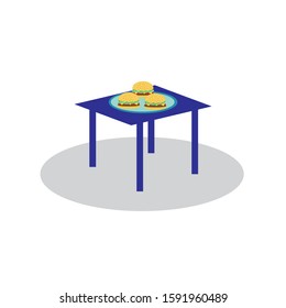 A platter of burgers on a blue table. Modern flat design. Isolated on white background.
