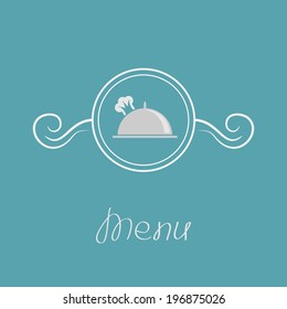 Platter cloch, chef hat crown and round abstract frame. Menu card with calligraphic element. Flat design style. Vector illustration