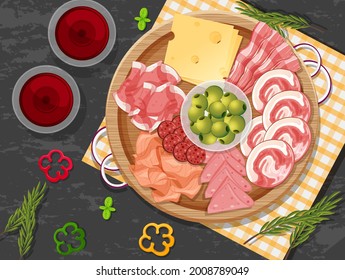 Platter of cold cuts and smoked meat on the table background illustration