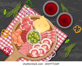 Platter of cold cuts and smoked meat on the table background illustration