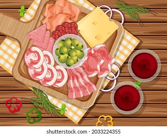 Platter Of Cold Cuts And Smoked Meat On The Wooden Table Background Illustration