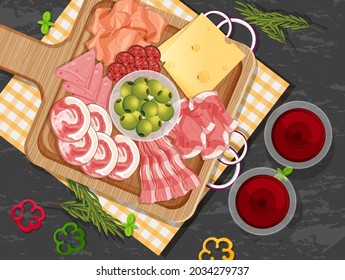 Platter of cold cuts and smoked meat on the table background illustration