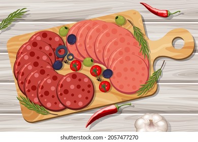 Platter of cold meats salami and pepperoni on the table background illustration