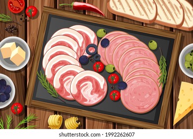 Platter of cold meats and smoked meats on the table background illustration