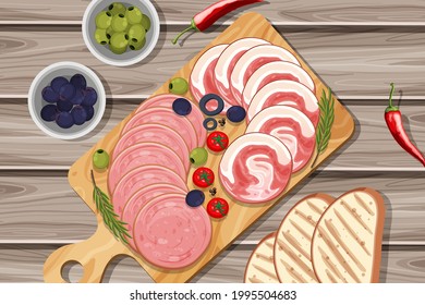 Platter of cold meats and smoked meats on the table background illustration