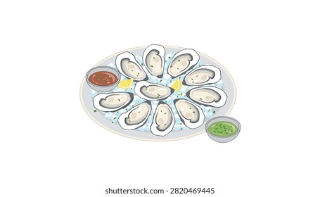 Platter of fresh raw oysters on ice features two dipping sauces and lemon wedges.