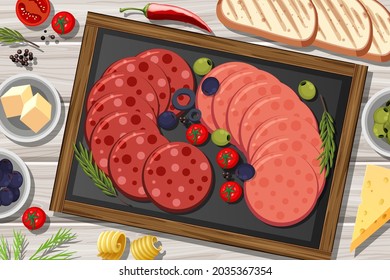 Platter of pepperoni and salami on the wooden table background illustration