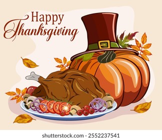 A platter of turkey and a large pumpkin.Vector thanksgiving illustration with turkey on a platter, pumpkin and autumn leaves.