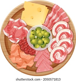 Platter of various cold meats and cheese isolated on white background illustration