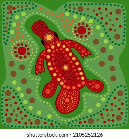 Platypus In Australian Aboriginal Style. Australia Indigenous Art Background With Dots. Decorative Ethnic Duck Bill. Aboriginal Tribal Art Craft. For Flyer, Poster, Banner, Placard.Vector Illustration