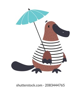 Platypus As Australian Animal In Striped Sweatshirt Holding Umbrella Vector Illustration