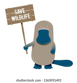 Platypus cartoon character holding environmental sign board. Protect Australian wildlife concept for children