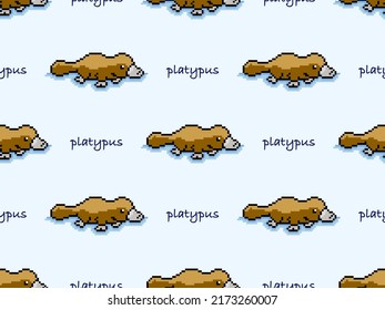 Platypus cartoon character seamless pattern on blue background. Pixel style