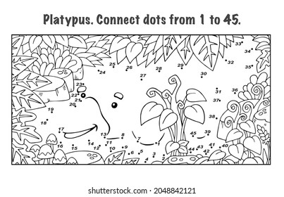 Platypus. Verbinden Sie Punkte von 1 bis 45. Dot to Dot. Spiel für Kinder. Vektorgrafik.