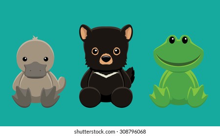 Platypus Devil Frog Doll Set Cartoon Vector Illustration