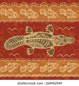 Platypus and fish; a tribal pattern in an australian aborigine style