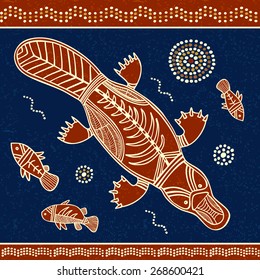 Platypus and fish vector illustration in australian aboriginal style 