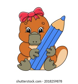 Platypus girl with pensil. Cartoon character. Colorful vector illustration. Isolated on white background. Design element. Template for your design, books, stickers, cards.