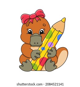 Platypus girl with pensil. Cartoon character. Colorful vector illustration. Isolated on white background. Design element. Template for your design, books, stickers, cards.