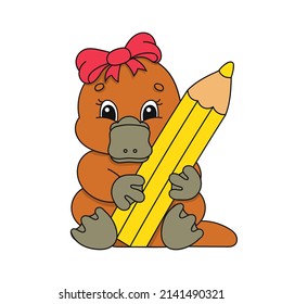 Platypus girl with pensil. Cartoon character. Colorful vector illustration. Isolated on white background. Design element. Template for your design, books, stickers, cards.