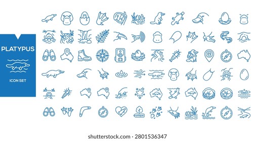 Platypus Icon Set: A comprehensive collection of line art icons featuring the unique platypus and related Australian symbols, perfect for educational or travel-themed projects.