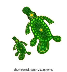 Platypus isolated on white background. Australia aboriginal duck bill dot painting.Aboriginal tribal styled platypus.Decorative ethnic style.Element for flyer, poster, banner, placard, brochure.Vector