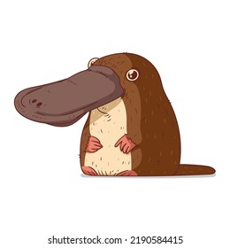 A Platypus, isolated vector illustration. Funny cartoon picture of a curious duckbill sitting. A humorous platypus sticker. Simple drawing of duckbill on white background. An animal of Australia