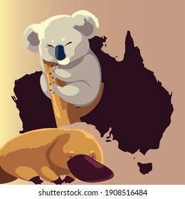 platypus and koala map australian animal wildlife vector illustration