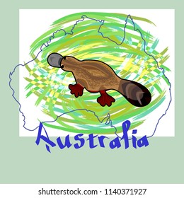 Platypus on a green background. The word in English is "Australia". Contour of mainland Australia