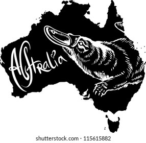 Platypus (Ornithorhynchus anatinus) on map of Australia. Black and white vector illustration.