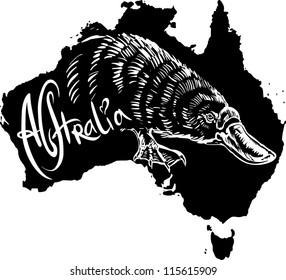 Platypus (Ornithorhynchus anatinus) on map of Australia. Black and white vector illustration.