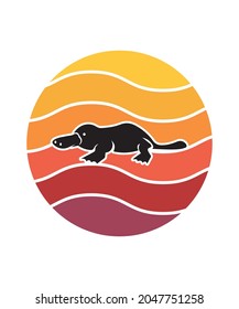 Platypus Retro Sunset Design Vorlage. Vektordesign-Vorlage für Logo, Badges, T-Shirt, POD und Buchumschlag. Einziger weißer Hintergrund.