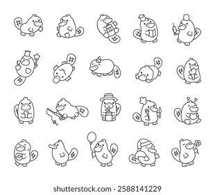 Platypus set with cute kawaii cartoon characters in various poses and accessories for holiday