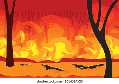 platypus silhouettes running from forest fires in australia animals dying in wildfire bushfire burning trees natural disaster concept intense orange flames horizontal vector illustration