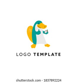 Platypus with stopwatch cartoon hand drawn logo design. 