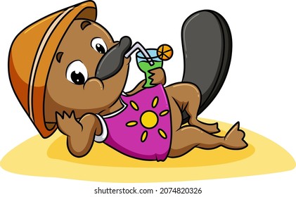 The platypus is sunbathing and drinking the lemon juice of illustration